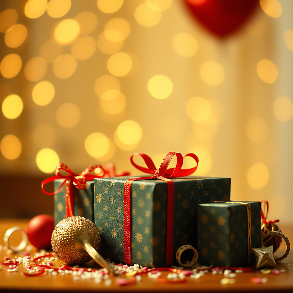 Three green gift boxes are stacked with a red ribbon and surrounded by ornaments. The background is a soft bokeh of yellow...