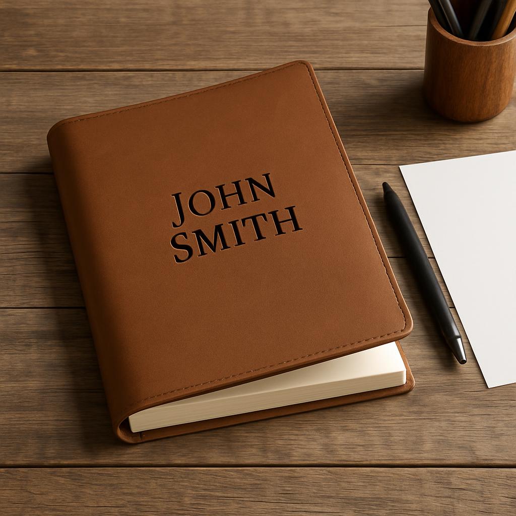 A brown leather-bound book or journal with a blank smear of brown paint from lip gloss or lipstick on the cover. The autho...