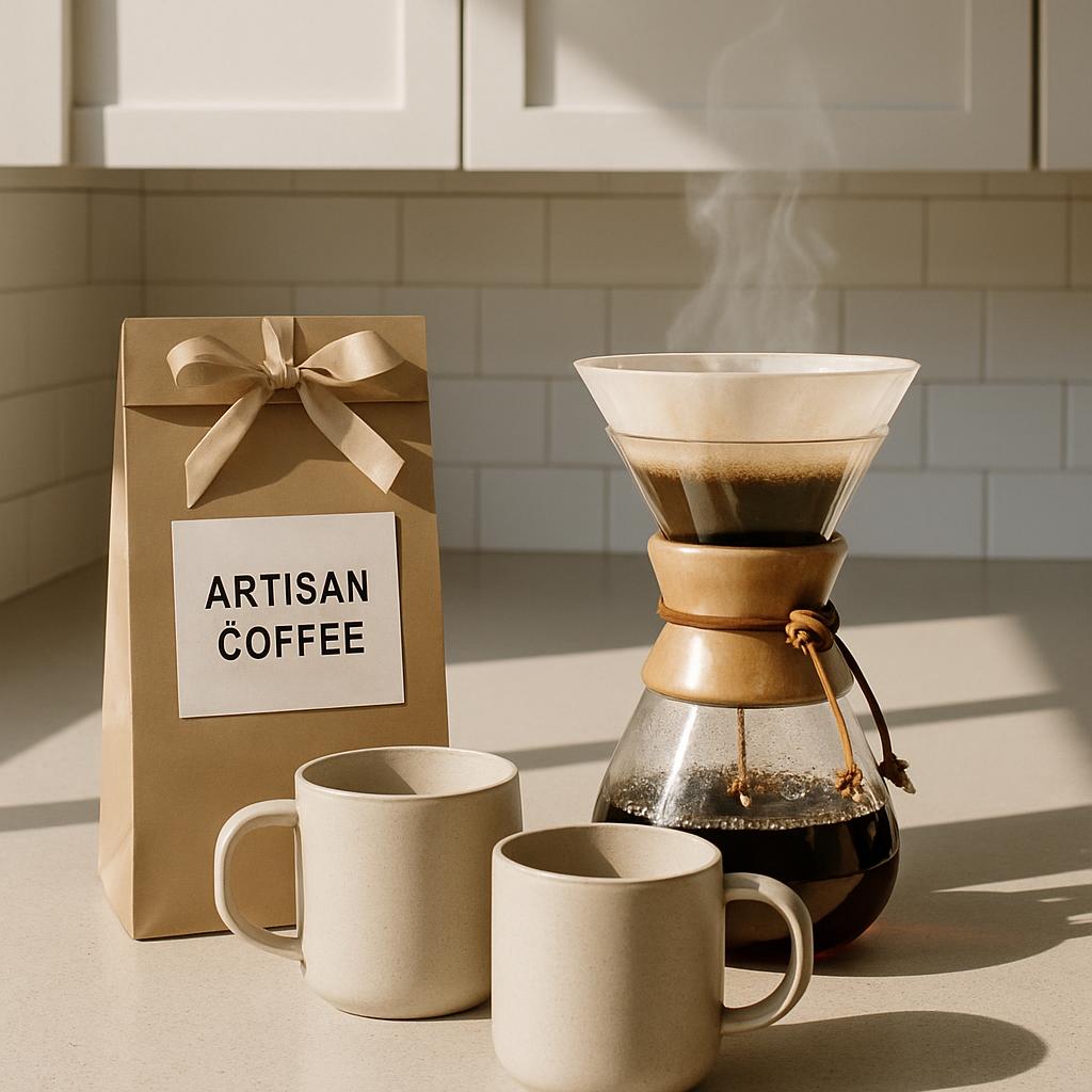 Coffee beans in a beige paper bag with a white label that reads "ARTISAN COFFEE".