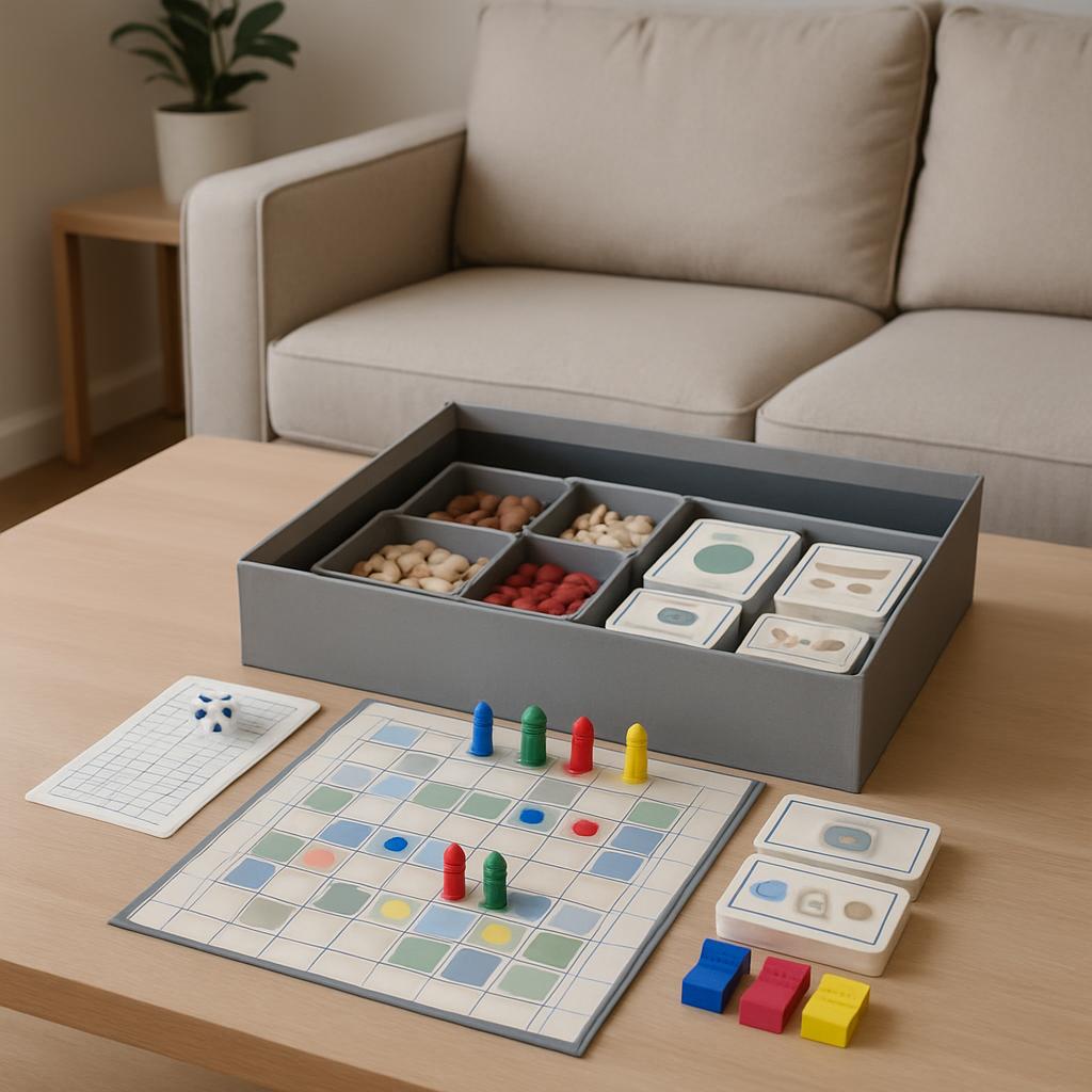 Scene of a board game for one next to a couch in a cozy living room.