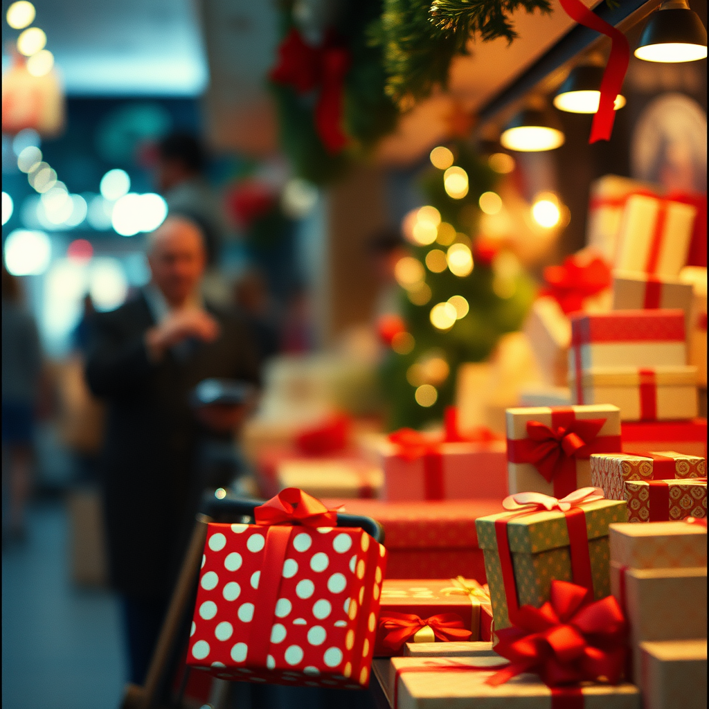 Several wrapped gifts in red and white polka dot boxes, surrounded by other presents, in front of a Christmas tree, a man ...