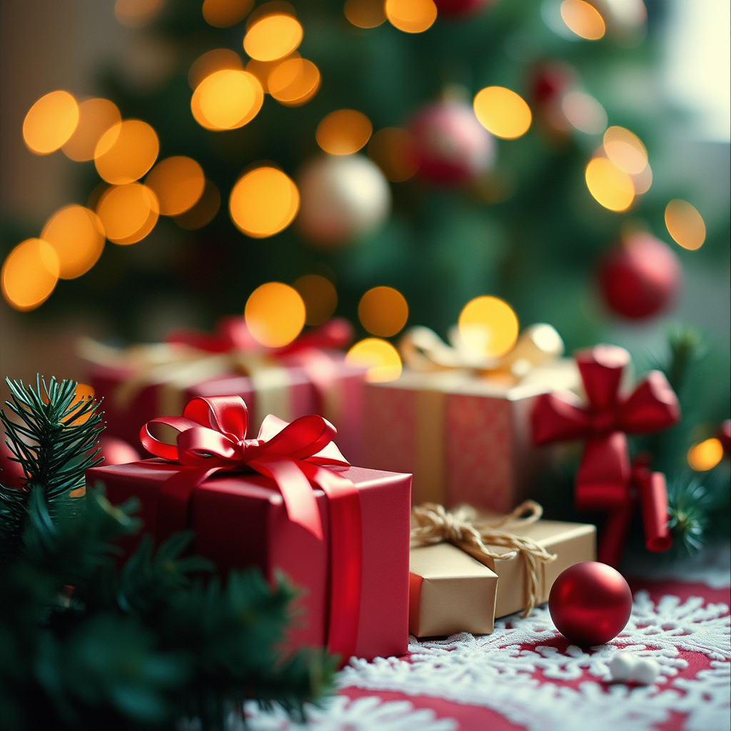 A collection of wrapped gifts under a decorated Christmas tree, surrounded by festive ornaments and light colored decorati...