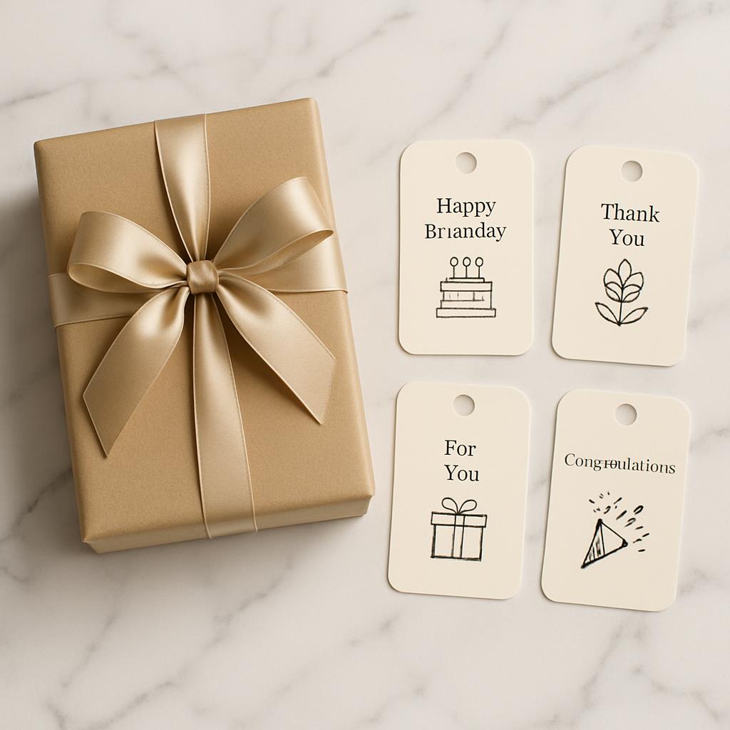 Here is the alt text for the image, as defined in English: "Four gift tags next to a wrapped gift on a marble surface. The...